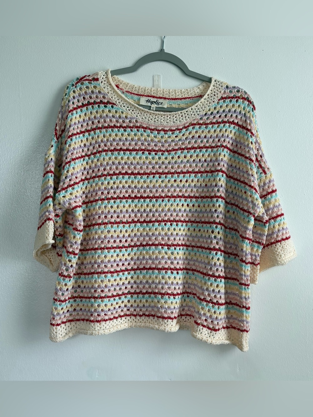 Haptics by Holly Harper Multicolor Striped Crochet Crew Neck Pullover Sweater L